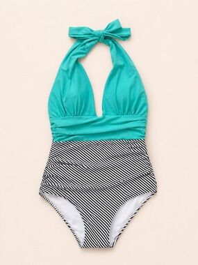 Women’s L Bright Aqua Halter-Style Bathing Suit with Black and White Stripes